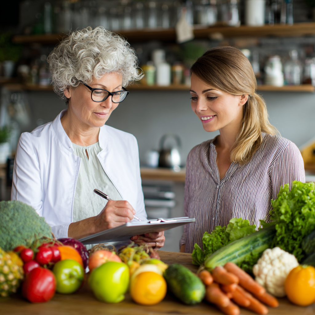 Nutritionist consulting with middle-aged woman about balanced meal planning