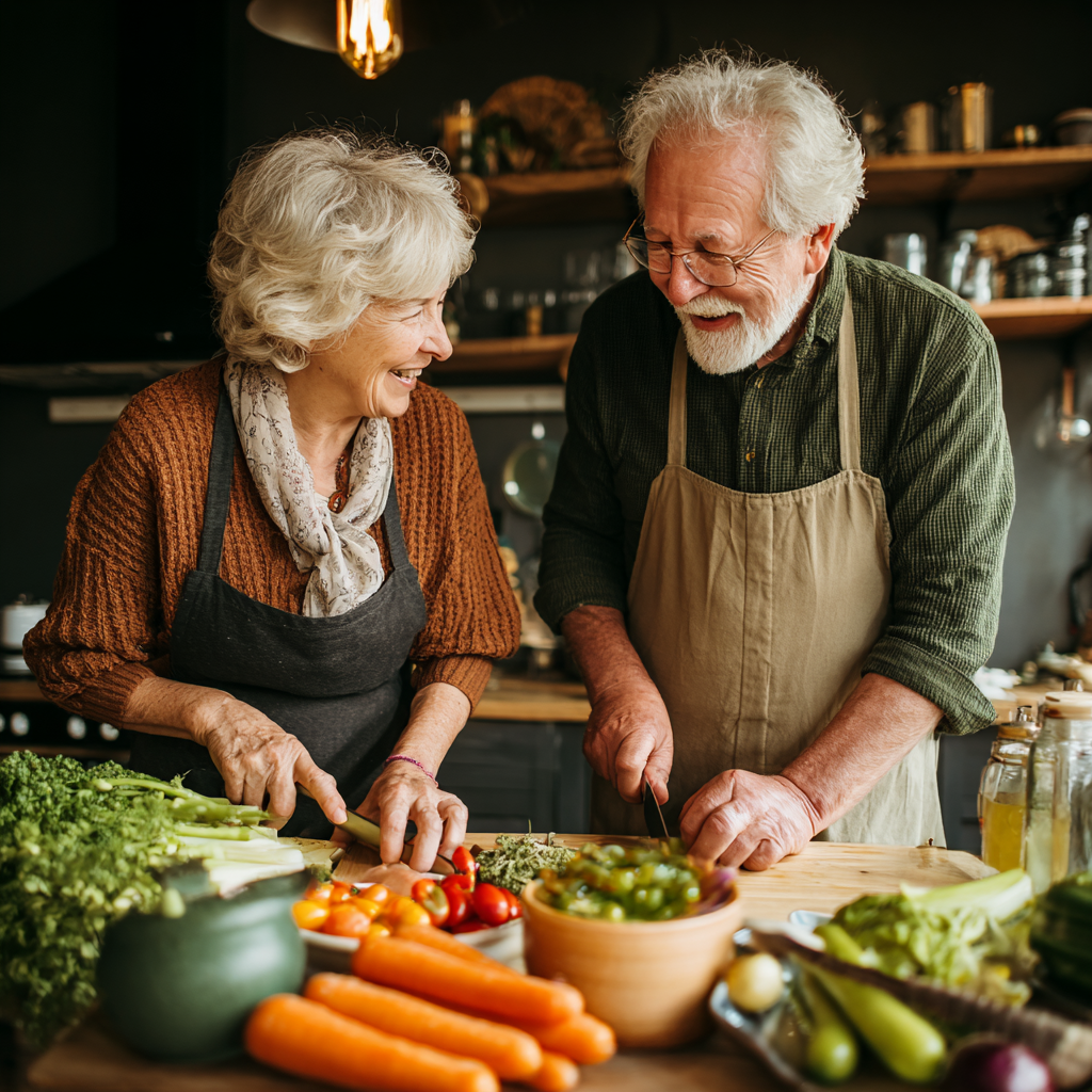 Senior couple preparing healthy meal together following nutrition plan